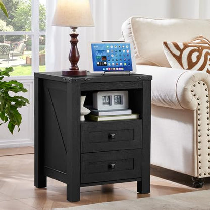 Joaxswe Night Stands with Charging Station Set of 2, Farmhouse Nightstand, Wooden Bedside End Tables with 2 Drawers and Open Shelf, Bed Side Table for Bedroom, Living Room, Closet, Office (Black) - color: Black, size: 2 pack