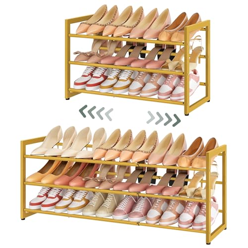 FAVOOSTY 3-Tier Expandable Shoe Rack, Adjustable Shoe Shelf Storage Organizer Space Saving Metal Free Standing Shoe Rack for Entryway Closet Doorway, Gold - color: Gold, size: 3 Tier