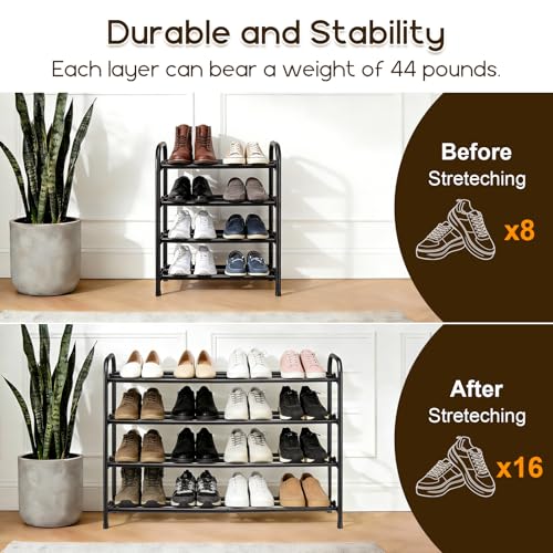 4-Tier Expandable Shoe Rack, Adjustable Shoe Shelf Storage Organizer Durable Metal Free Standing Shoe Rack for Entryway Closet Doorway (Black) - size: 4 Tier