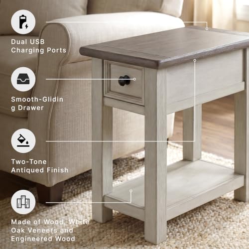 Signature Design by Ashley Bolanburg Narrow End Table, Charging Station | Slim 14-inch profile with USB charging, Wood, White oak veneers and engineered wood, Farmhouse style for small living rooms - color: Dark Brown & White