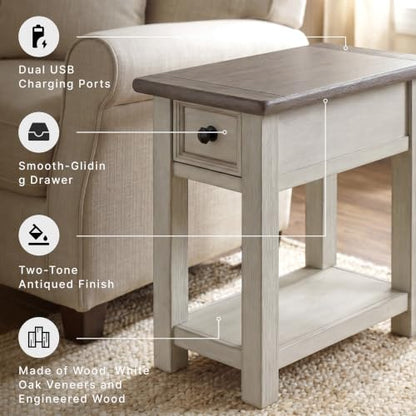 Signature Design by Ashley Bolanburg Narrow End Table, Charging Station | Slim 14-inch profile with USB charging, Wood, White oak veneers and engineered wood, Farmhouse style for small living rooms - color: Dark Brown & White