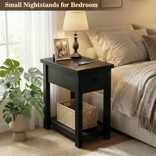 Armocity Narrow End Table with Charging Station - Farmhouse Side Table with Drawer, 14" Wide Wood Nightstand Slim Couch Bedside Table for Living Room Bedroom Small Spaces, Black - color: Black, size: 1 Pack