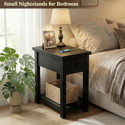 Armocity Narrow End Table with Charging Station - Farmhouse Side Table with Drawer, 14" Wide Wood Nightstand Slim Couch Bedside Table for Living Room Bedroom Small Spaces, Black - color: Black, size: 1 Pack