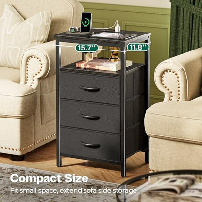 Huuger Night Stand with Charger Station and LED Lights, 3 Drawer Nightstand, Bed Side Table with Open Shelf, End Table, Tall Fabric Dresser for Bedroom, Black - color: Black, size: 11.8"D x 15.7"W x 27.6"H（3 Drawers）