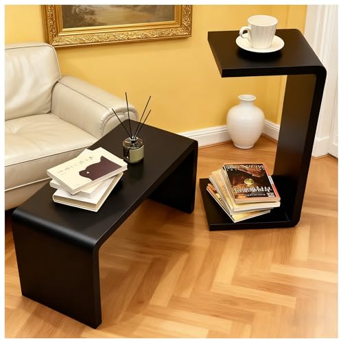H24.4in C Shaped End Table, Black Solid Wood Sofa Side Table for Couch/ Bed/Living Room, Space-Saving Small Snack Table for Bedroom, Office, or Balcony, Wooden Nightstand for Laptop and Narrow Spaces - color: H 24.4″ - Black, size: 2