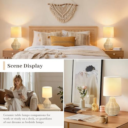 EJIAXIN Rattan Table Lamp Boho Lamps Set of 2-12.5" Mini Farmhouse Wicker Light Rustic End Table Decorative Small Lamps for Small Spaces Bedroom Nightstand Living Room Reading Desk Side Table Lamp - style: Country