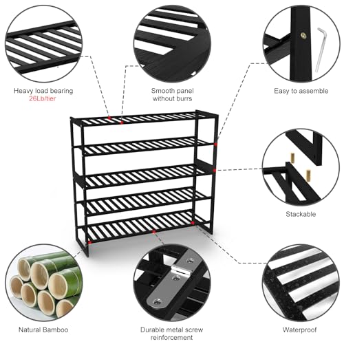 Jripae 5 Tier 32.5*10.5*30.3in Bamboo Shoe Rack for Closet Entryway Bedroom | Stackable Shoe Shelf Holder for Men/Women Hallway/Garage, Bookshelf, Flower Rack, Home Space Saving - size: 5-tier-long/32.5*10.5*30.3in