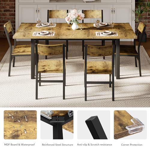 iPormis 7-Piece Dining Table & Chairs Set for 4-6, 63" Extendable Kitchen Table with 6 Chairs, Dining Room Table with MDF Board & Metal Frame, Perfect for Small Space,Easy Assembly, Rustic Brown - color: Rustic Brown