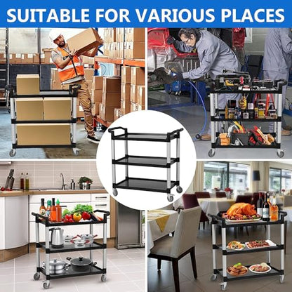 Utility Service Cart 3 Shelf with Wheel, Plastic Heavy Duty 3-Tier Rolling Utility/Push Food Service Cart for Office, Warehouse, Garage, Restaurant, Cleaning, 360lbs Capacity, Black