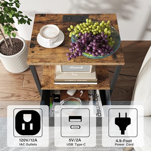 TUTOTAK Nightstand Set of 2, Night Stand with Charging Station, End Table, Bedside Table with Fabric Drawer, Side Table for Livingroom and Bedroom, Brown TB01BB0692 - color: Brown, style: Plug