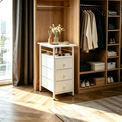 WLIVE Narrow Side Table with Charging Station, End Table with LED Lights,3 Fabric Drawers and Open Shelf, Bed Side Tables Living Room, Small Spaces, Bedroom, White - color: White, size: 3 Drawers