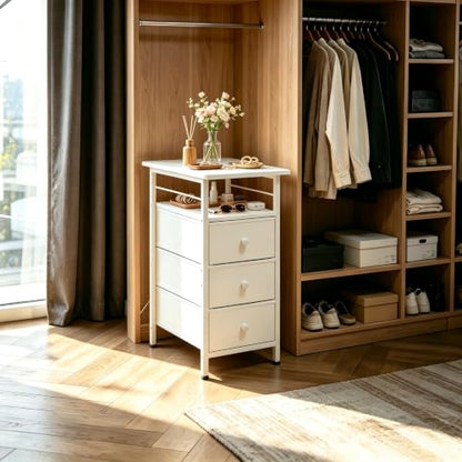 WLIVE Narrow Side Table with Charging Station, End Table with LED Lights,3 Fabric Drawers and Open Shelf, Bed Side Tables Living Room, Small Spaces, Bedroom, White - color: White, size: 3 Drawers