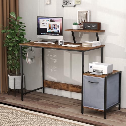 Giantex Computer Desk with Drawer and Power Outlet, Home Office Desk with Reversible Storage Drawer & Raised Shelf, Computer Workstation with Hook, Industrial Study Writing Desk for Study, Bedroom