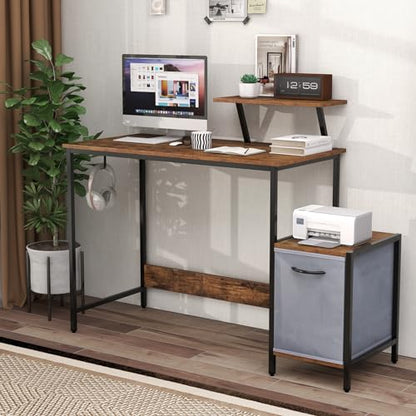 Giantex Computer Desk with Drawer and Power Outlet, Home Office Desk with Reversible Storage Drawer & Raised Shelf, Computer Workstation with Hook, Industrial Study Writing Desk for Study, Bedroom