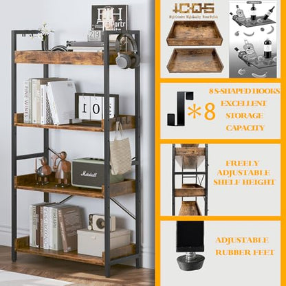 HCHQHS 4 Tier Bookshelf, Adjustable Industrial Bookcase, Vertical Tall Book Shelf, Wood and Black Metal Open Bookshelves for Home Office, Living Room, Bedroom - color: Rustic Brown, size: 4-Tier (24"W x 44"H)