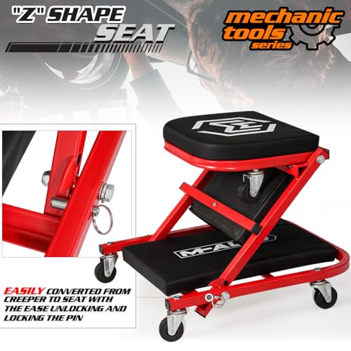 M-AUTO Foldable Z Creeper 2-in-1 Rolling Folding Car Creeper & Seat, 36" Adjustable Roller Garage Chair Lay Down or Sit, 330LBS Capacity Under Car Roller Creeper with 6 Swivel Casters, Red - color: Red, size: 36"