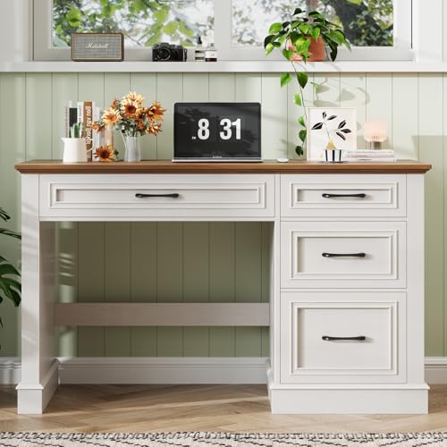 Befrases Farmhouse 47" Executive Desk with 4 Drawers, Unique White | Computer Desk with File Drawer, Workstation for Study, Home Office, Writing - color: Unique White, size: Wihtout Charging Station