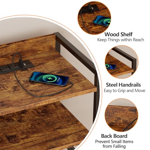 Furnulem Night Stand with Charging Station, 4 Drawer Tall Bedside Table | small dresser for bedroom, with LED light & Remote Control, Fabric Bins and Metal Frame,Wood Desk Top,Easy Assemble for Dorm - color: Rustic Brown
