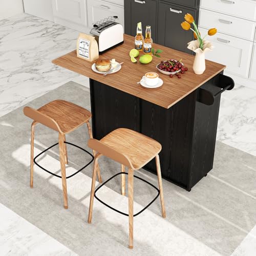 Giantex Kitchen Island Cart with Hidden Tilt Out Trash Can Cabinet, Drop Leaf, 2 Drawers, Towel Rack, Rolling Mobile Breakfast Bar Table, Wood Kitchen Storage Cart on Wheels (Black & Natural) - color: Black