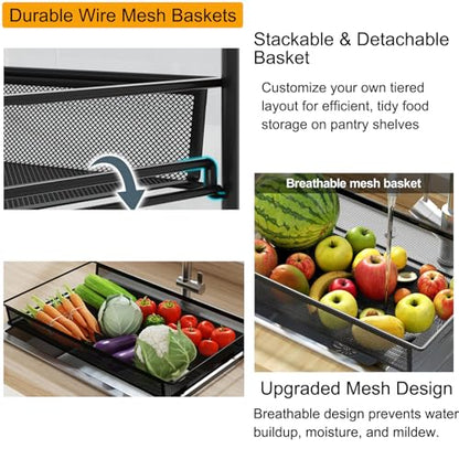 Rolling Pantry Storage Cart with Fruit Basket, 5-Tier Kitchen Storage Rolling Cart on Wheels, Large Utility Cart with Handle & Mesh Baskets for Kitchen, Bathroom, Laundry Room,Black - color: Black 5 Tire