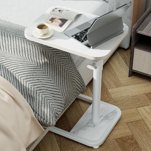 GOYLSER C Shaped Tv Trays Living Room End Table End Stand, White Marble Minimalist Wooden C Table for Sofa, Height Adjustable Tv Tray Tables Side Table for Dinner Eating - color: White Marble, style: Standard C Table