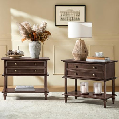 HULALA HOME Farmhouse Nightstand Set of 2 with Drawer & Open Shelf, Natural Wood End Table with Solid Wood Legs, 28.4'' Wide Sofa Side Table with Charging Station(Walnut) - color: Walnut-s2
