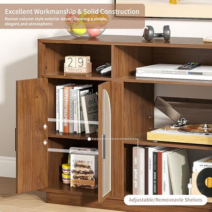 59'' Fluted TV Stands for Living Room, Modern Entertainment Center with Storage, TV Stand for TVs up to 65 Inch with Adjust Shelves, Wooden Media Console Table (Walnut, Without Fireplace) - size: Without Fireplace