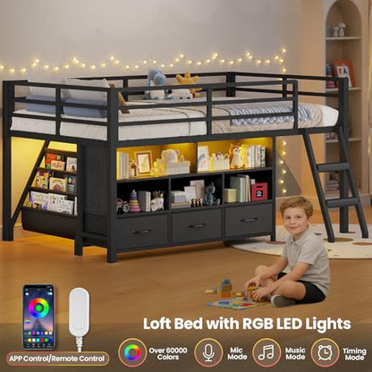 BTHFST Low Loft Bed Twin Size with 3 Storage Drawers, 3-Tier Kids Bookshelf, 5 Open Cubbies and 2 LED Lights Strips, Metal Kids Loft Bed with High Safety Guardrail, Inclined Ladder and Play Area - color: Black
