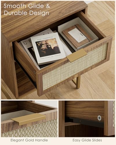 Masupu Rattan Nightstand,Modern Night Stand Boho Farmhouse Wood Bedside Table with Storage Drawer Side End Table for Bedroom, Office,Walnut Brown - color: Rattan-walnut Brown