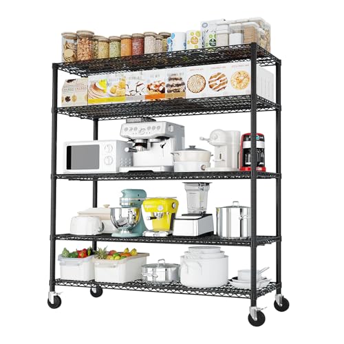 Metal Storage Shelf, Garage Storage Organization Wire Rack, Adjustable 5 Tier Wire Shelf with Wheels, Space Saving Design for Home Office, Living Room, Bedroom, 55" W x 24" D x 76" H, Black - color: Black, size: 5-tier 55.12"W x 23.62"D x 75.59"H Wheels