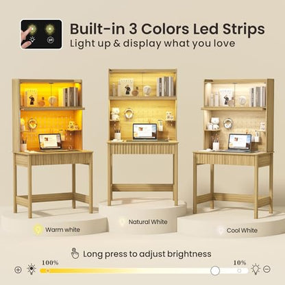 Lvifur 31.5" Small Study Desk with - Drawer & Hutch,Computer Desk with Charging Station,Compact Writing Desks with LED Reading Lights,Home Office Desks for Small Spaces,Bedroom Study Room,Natural - color: Natural