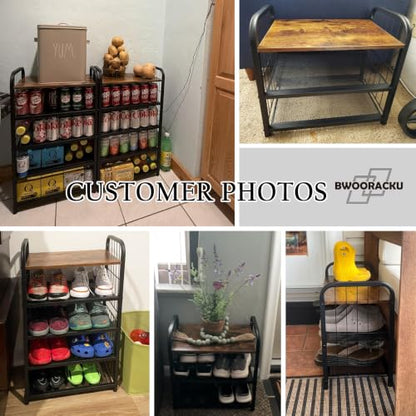Narrow Shoe Rack for Entryway Small Spaces, 3-Tier Shoe Organizer | Compact Metal Wood Shoe Storage Shelf, Wooden Top, Guardrails, Mesh Shelves, Free Standing, for Front Door Entrance, Closet - size: 17.32" X 10.24" X 16.93"
