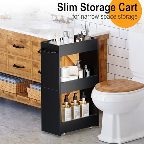MARTY Slim Rolling Storage Cart 7.9" W Laundry Cart with Wheels,Wood, Black | Narrow Utility Cart Between Washer and Dryer, 3 Tier Mobile Shelving Unit for Kitchen, Laundry, Bathroom, Office, Living Room - color: Black