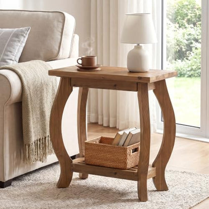 Narrow Side Table, 2-Tier Solid Wood End Table with Storage Shelf, Curved Legs Farmhouse Nightstand for Small Spaces, Bedroom, Living Room,(2,Brown)