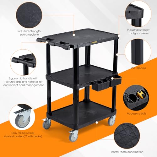 ELAFROS Heavy Duty Utility Cart, 27.5 x 18.25 Inch, 3-Tier Rolling Cart, Industrial Plastic, 330 lbs Capacity, Flat Top Shelves with Swivel Wheels - Multipurpose Work Cart - style: Standard