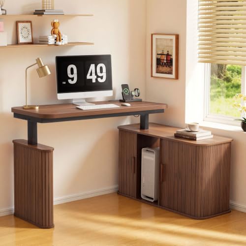 L Shaped Standing Desk with Storage, 47" Electric Desk Height Adjustable Executive Desk with Drawers, Sliding Door Wood Desk Office Sit Stand up Desk for Work, Study, Writing, Walnut - color: 47'' L Shape Walnut