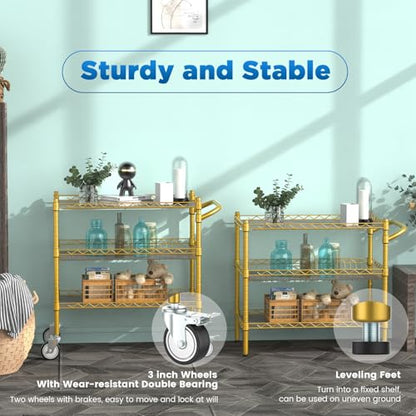 Leteuke 3 Tier Rolling Carts with Wheels, Heavy Duty Rolling Utility Cart | NSF Commercial Grade Metal Cart with Handle&Shelf Liner,Trolley Serving Cart for Kitchen,Restaurant,Plant Display,Gold - color: Gold