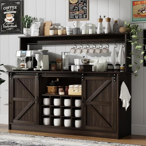 4ever2buy Farmhouse Coffee Bar Cabinet with 8 Hooks, 55” Kitchen Hutch Cabinet with Storage, Gray Coffee Bar with Sliding Barn Doors and 12 Racks for Living Dining Room, Dark Oak - color: Dark Oak, size: 55Inch