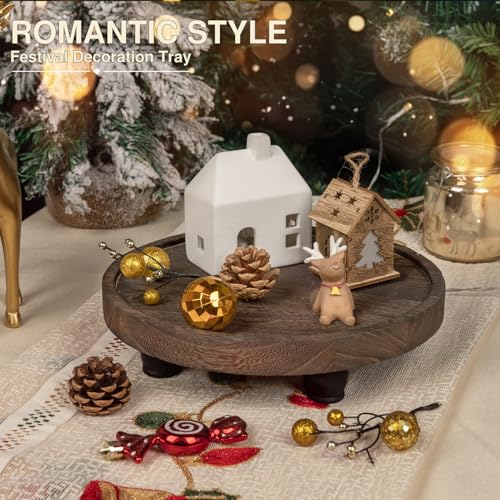 Tikea Round Wood Riser, Farmhouse Riser for Decor, Rustic Display Tray 10in | Pedestal Stand for Kitchen & Bathroom Counter Decor, Wood Riser for Plants and Soap Dispensers - Boho Home Decor, Brown