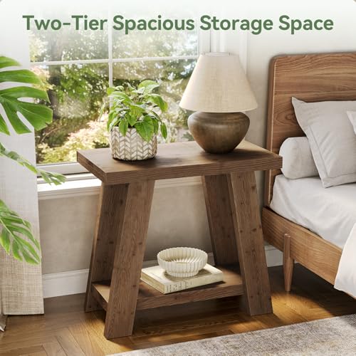 LITTLE TREE Solid Wood End Table, Small Side Table with 2-Tier Storage Shelf for Living Room, Rectangular Side Table for Couch, Bedside Table for Bedroom, Easy Assembly