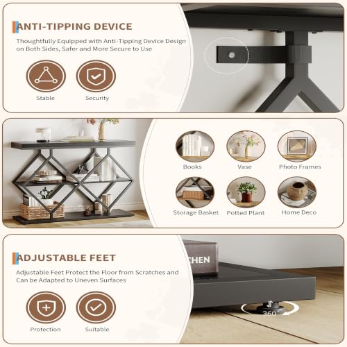 Garvee 3 Tier Console Table,39" Industrial Entryway Table,Open Wood Shelves | Sofa Table,Narrow Wood Accent Tables with Metal Frame for Hallway,Living Room,Behind Couch,Foyer,Entrance,Black - color: Black + Diamond-shaped