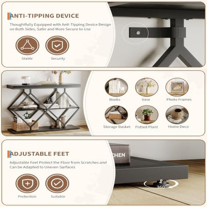 Garvee 3 Tier Console Table,39" Industrial Entryway Table,Open Wood Shelves | Sofa Table,Narrow Wood Accent Tables with Metal Frame for Hallway,Living Room,Behind Couch,Foyer,Entrance,Black - color: Black + Diamond-shaped