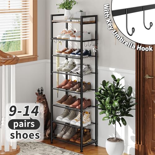 Simple Trending 8 Tiers Shoe Rack 16 Pairs Tall Wooden Plank Shoe Shelf with Hooks for Closet Entryway Organizer Sturdy Free Standing Shoe Storage Cabinet，Black - size: 8 Tiers