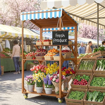 Wooden Farm Stand Cart, Solid Wood Farmers Market Stand with Wood Roof, Heavy Duty Display Table with Lockable Wheels, for Events & Small Business, Light Brown