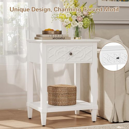 26" Night Stand with Drawers, Painted Bedside Table, Solid Wood Nightstand | Pine Leg and Solid Wood Frame Nightstand, Side Table End Table for Bedroom, Carved Pattern, Pure White - color: Pure White