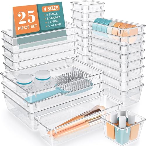WOWBOX 25 PCS Clear Plastic Drawer Organizer Set, 4 Sizes Desk Drawer Divider Organizers and Storage Bins for Makeup, Jewelry, Gadgets for Kitchen, Bedroom, Bathroom, Office - color: Clear