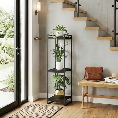45" Tall Indoor Plant Stand, 3-Tier Flower Pot Rack, Black | Modern Minimalist Look, Wood Finish, for Living Room, Bedroom, Balcony, Space-Saving, Sturdy Metal Frame