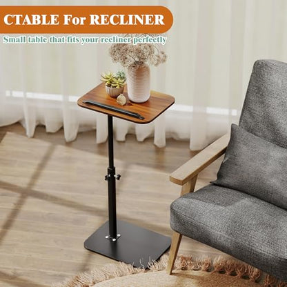FuturelOT Sofa Couch Arm Table Tv Tray Small Bedside Table C Shaped Adjustable Height Side End Tables for Living Room, Bedroom, Bedside Walnut - color: Walnut + Black