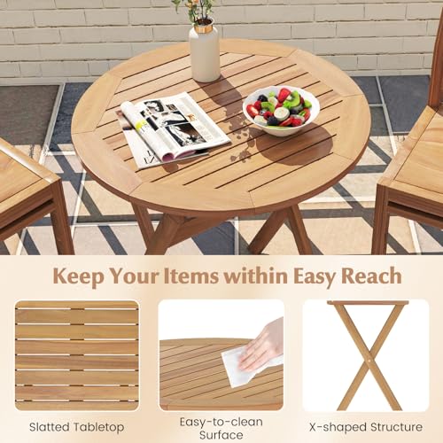 Tangkula 26-Inch Acacia Wood Outdoor Dining Table, Folding Round Patio Bistro Table with Slatted Tabletop & X-Shaped Frame, Outside Dining Table for Porch, Garden, Backyard, Poolside - size: 26"