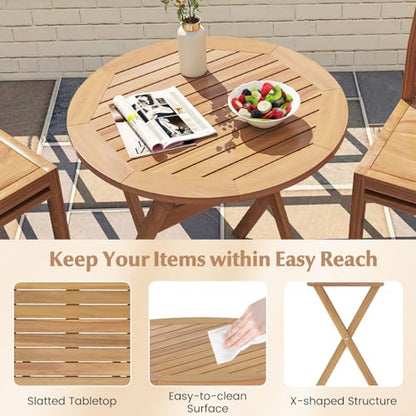 Tangkula 26-Inch Acacia Wood Outdoor Dining Table, Folding Round Patio Bistro Table with Slatted Tabletop & X-Shaped Frame, Outside Dining Table for Porch, Garden, Backyard, Poolside - size: 26"